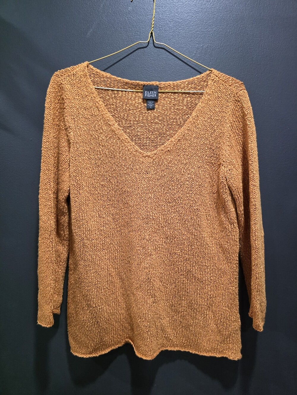 Eileen Fisher Rust Orange Italian Yarn Linen Blend 3/4 Sleeve V Neck Sweater S